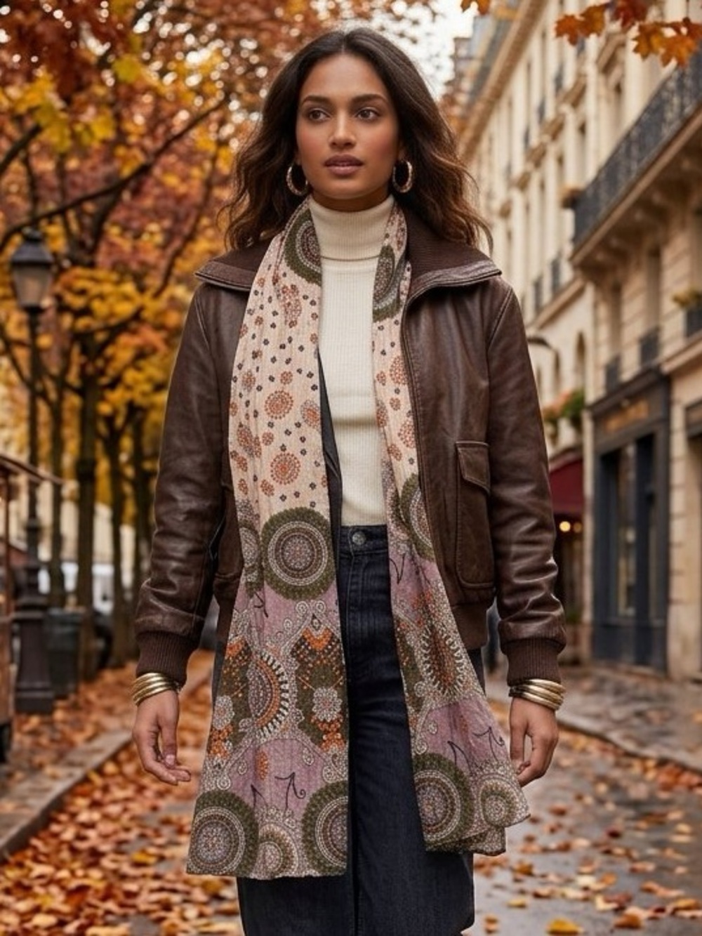 Patterned Fall Shawl/Scarf - Brown